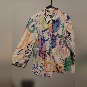 Chicos 100% Linen Button Up Shirt 3 US 16 Boho Artsy Beachy Surreal 3/4 Sleeve